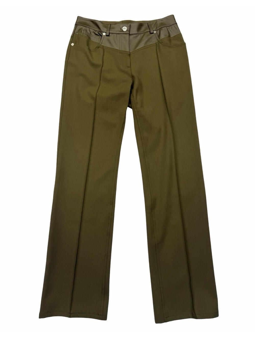 Helmut Lang Garter Leather Trim Wool Twill Straight Leg Pants Dark Olive Sz US 2